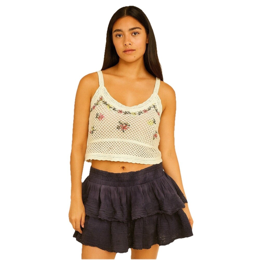 Crochet Embroidered Crop Tank Top Size Large Cotton Festival